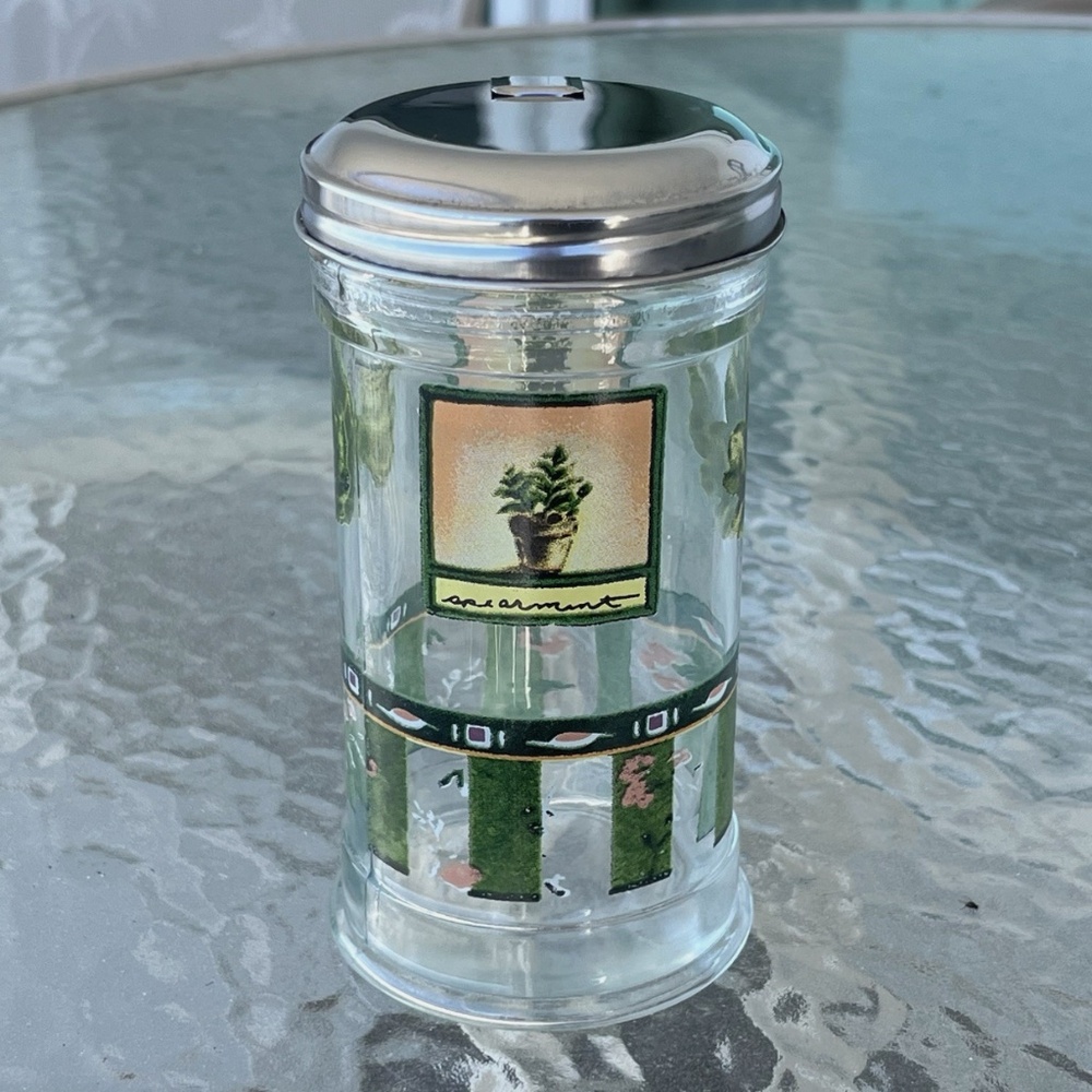 Pfaltzgraff Naturewood Glass Sugar Dispenser Pourer Metal Lid RARE